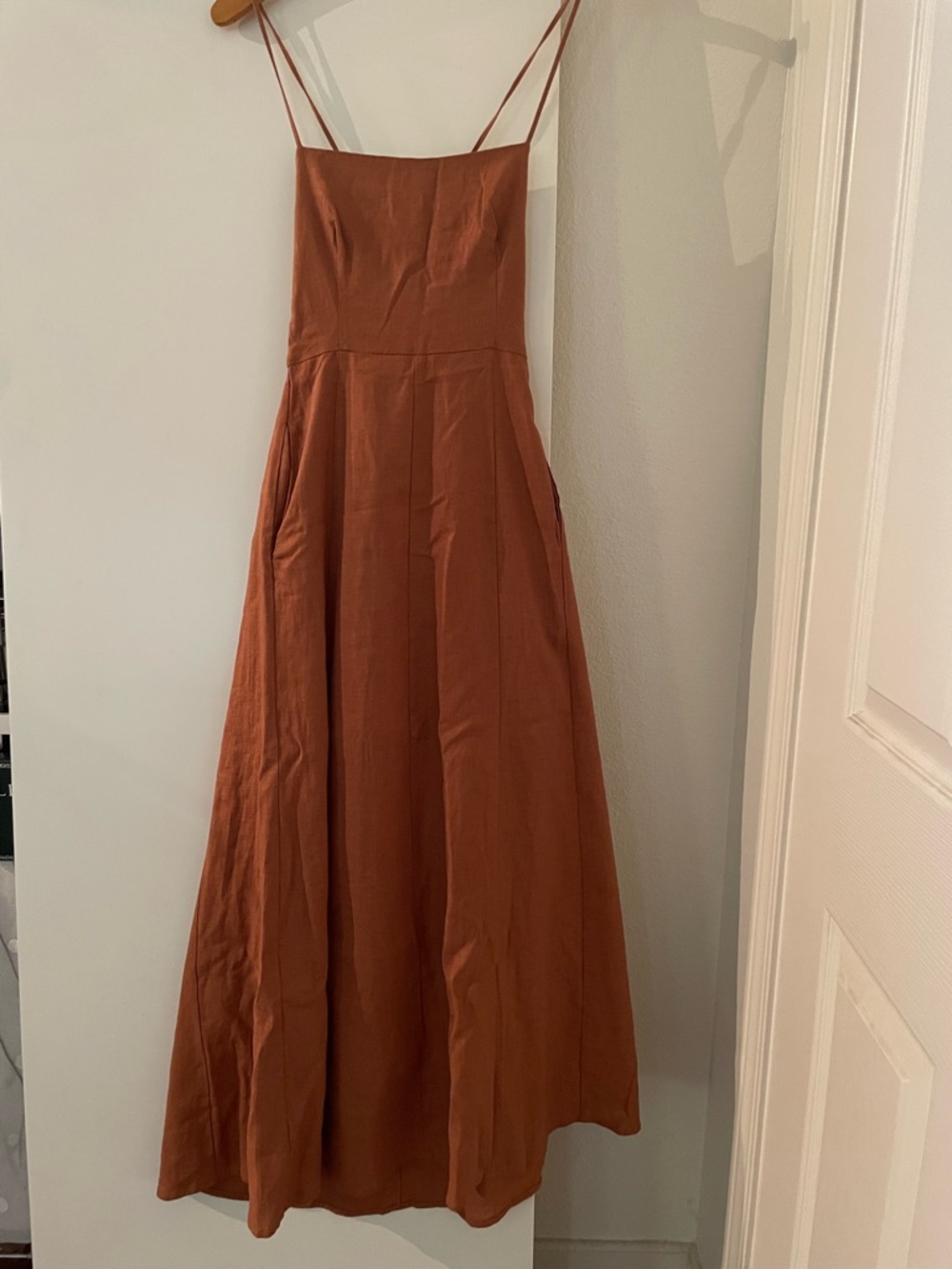 XS OPT: Linen Blend Halter Sun Midi Dress High Waist Flowing Coral/Rust NWT!